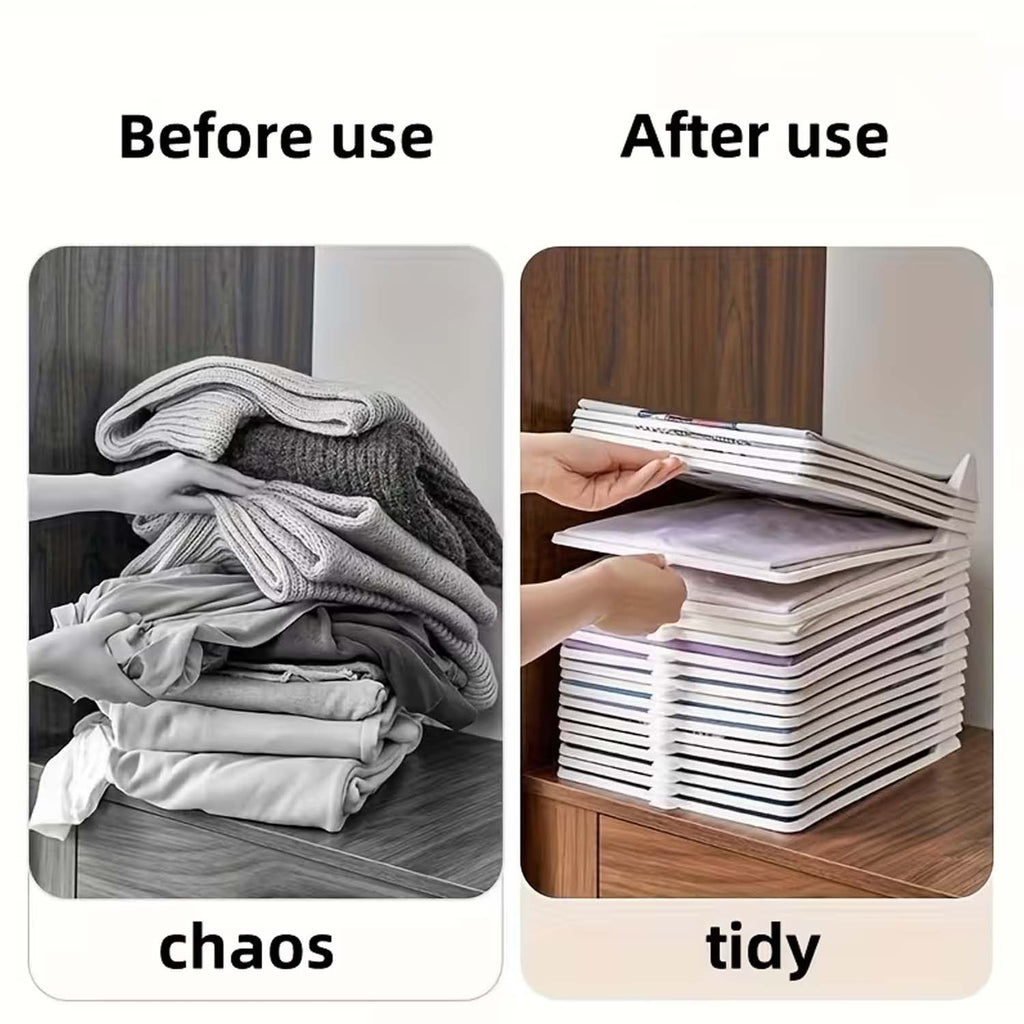 GoHooked white plastic stackable clothing organizer trays showing a tidy wardrobe versus a messy pile of clothes