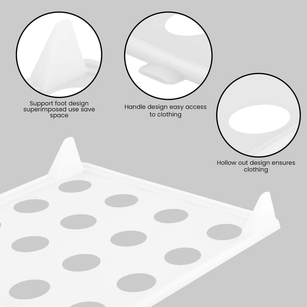 GoHooked white plastic stackable clothes organizer tray with support feet, handle, and hollow ventilation design.