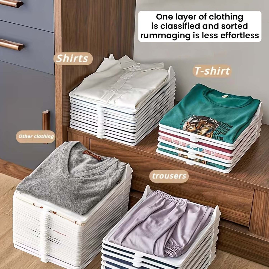 GoHooked white plastic stackable clothing organizer trays used to neatly sort shirts, t-shirts, and trousers in a closet