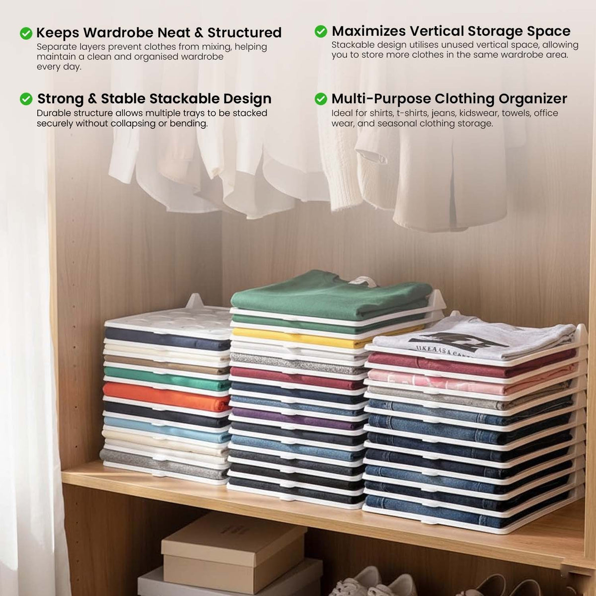 GoHooked white plastic stackable clothing organizer trays holding neat piles of folded shirts inside a wooden wardrobe