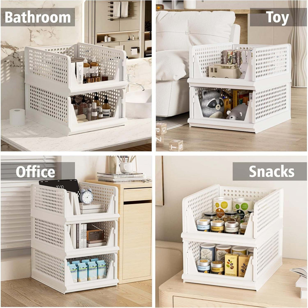 GoHooked white plastic stackable wardrobe organizers with pull-out drawers used for bathroom, toy, office, and snack storage.