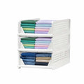 GoHooked white stackable plastic wardrobe organizers with drawer-style pull-out design holding folded clothes