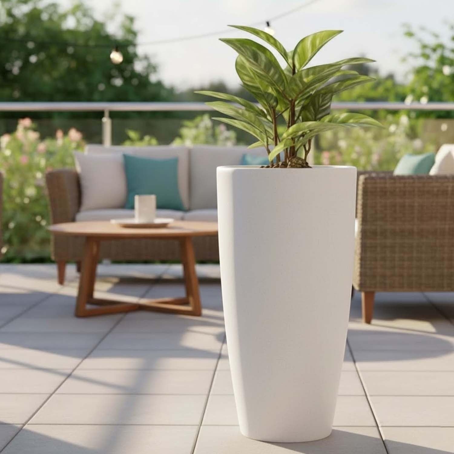 GoHooked 18-inch tall white modern tapered polymer planter pot with drainage hole on outdoor patio.