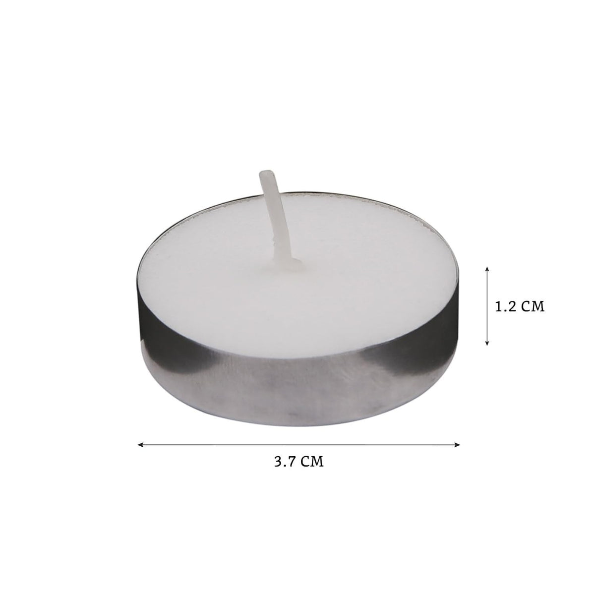 GoHooked white tealight candle in a silver metal cup with dimensions 3.7cm x 1.2cm