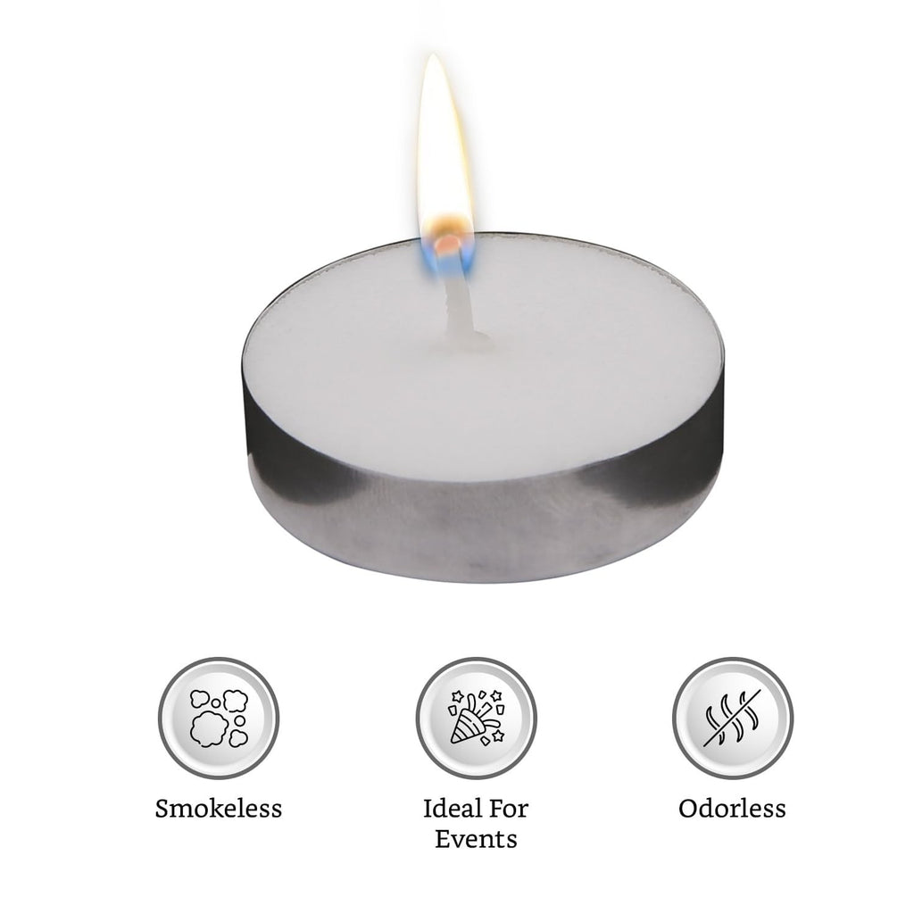 GoHooked white tealight candle in a silver metal holder, burning with a clean flame. Features smokeless, ideal for events, and odorless.
