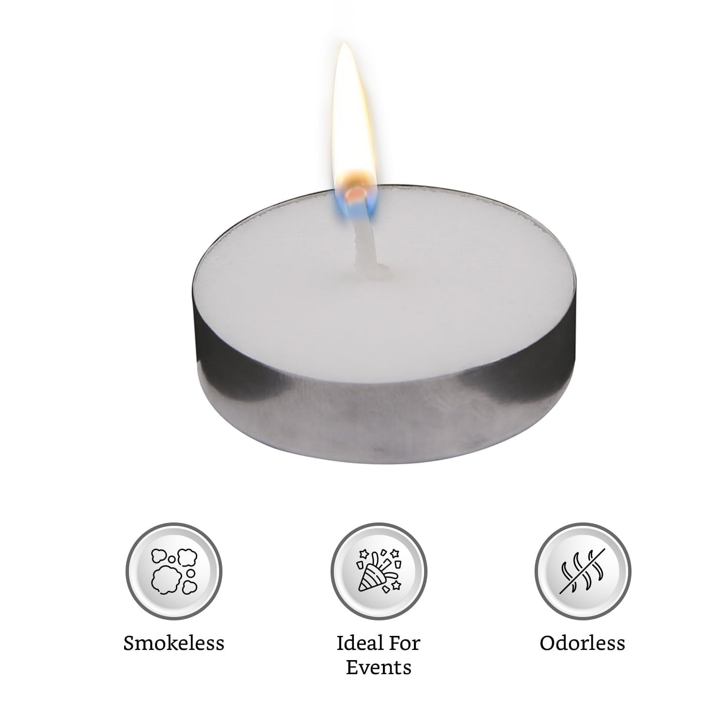 GoHooked white tealight candle in a silver metal holder with a lit flame. Features smokeless, ideal for events, and odorless icons.