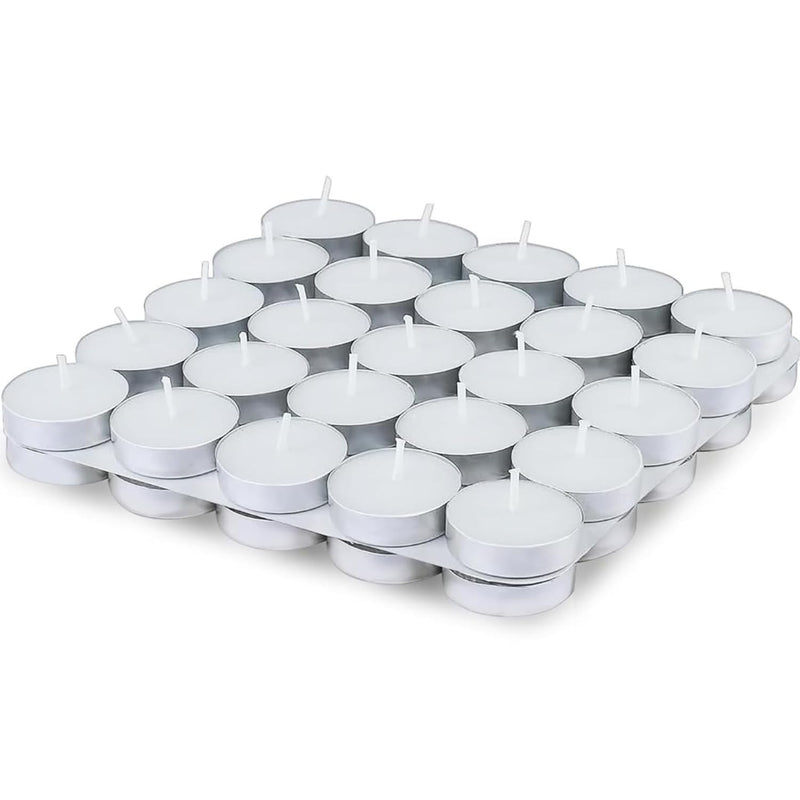 GoHooked pack of 50 unscented white tealight candles in aluminum cups, perfect for Diwali, parties, and home decor.