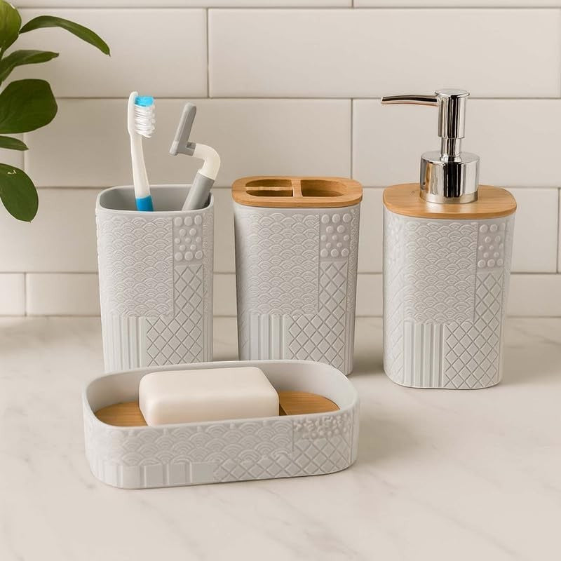 GoHooked white textured square bathroom accessory set with soap dispenser, toothbrush holder, tumbler, and soap dish.