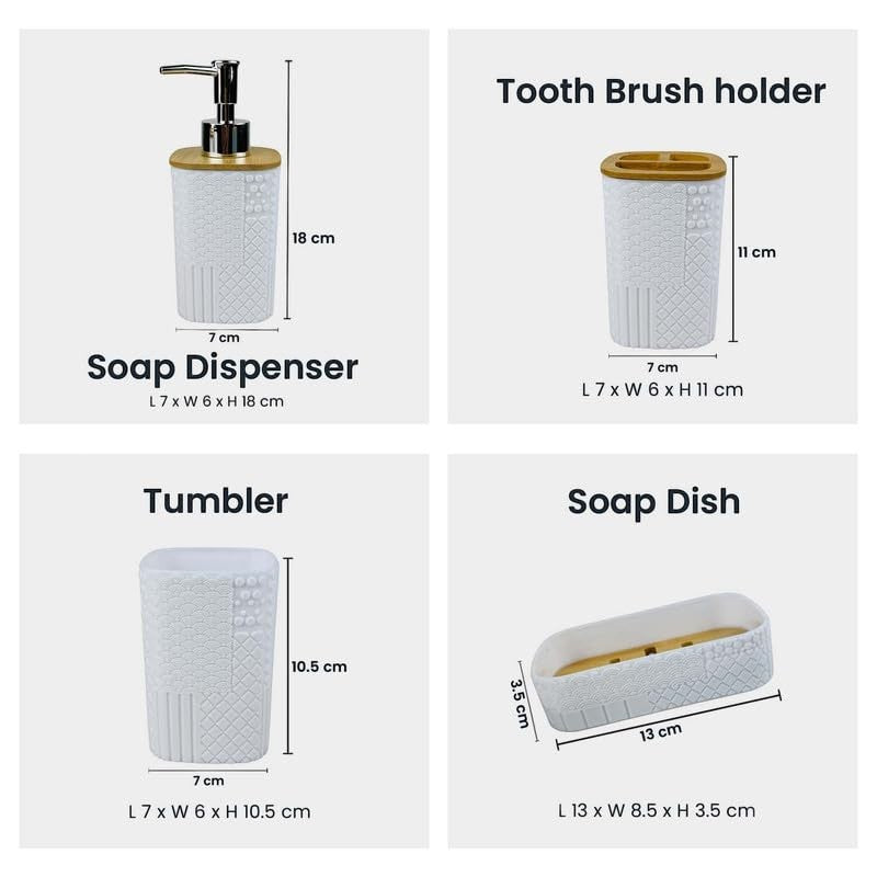 GoHooked white textured square bathroom accessory set: soap dispenser, toothbrush holder, tumbler, and soap dish.