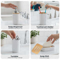 GoHooked white textured square bathroom accessory set: soap dispenser, toothbrush holder, tumbler, and soap dish.