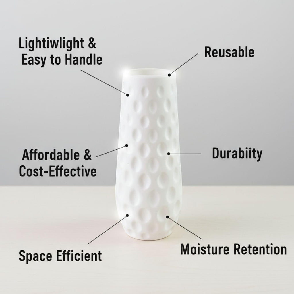 GoHooked white textured vase, lightweight, affordable, space-efficient, reusable, and durable for home decor.