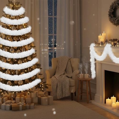 Go Hooked white artificial tinsel garland draped on a Christmas tree and fireplace mantel. Festive holiday decor.