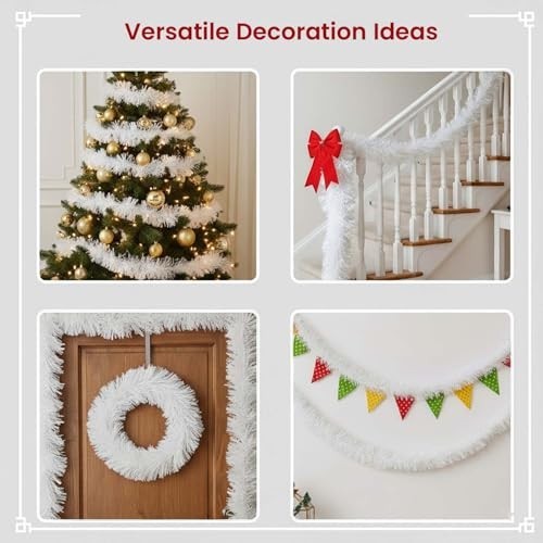 GoHooked white tinsel garland draped on a Christmas tree, staircase, door, and as a banner. Perfect for festive decor.