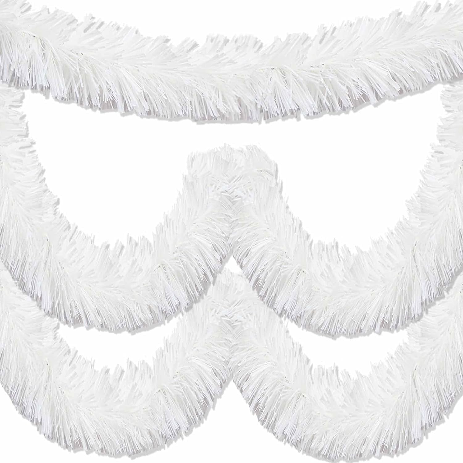 GoHooked snow white artificial tinsel garland for Christmas tree decoration, 180 cm length, plastic material.
