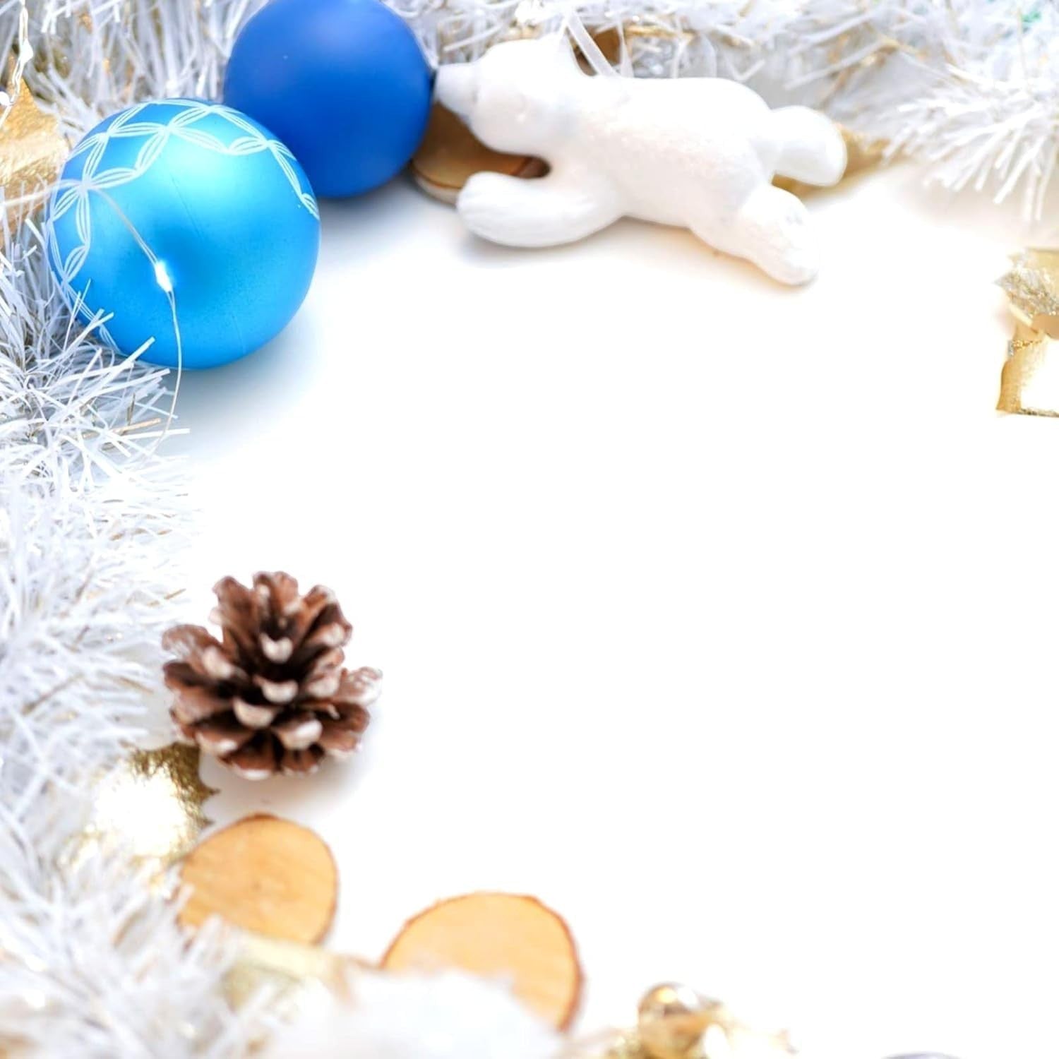 Go Hooked 8 Pcs Snow White Tinsel Garland for Christmas Tree Decoration. Features blue ornaments, pinecone, and white bear.