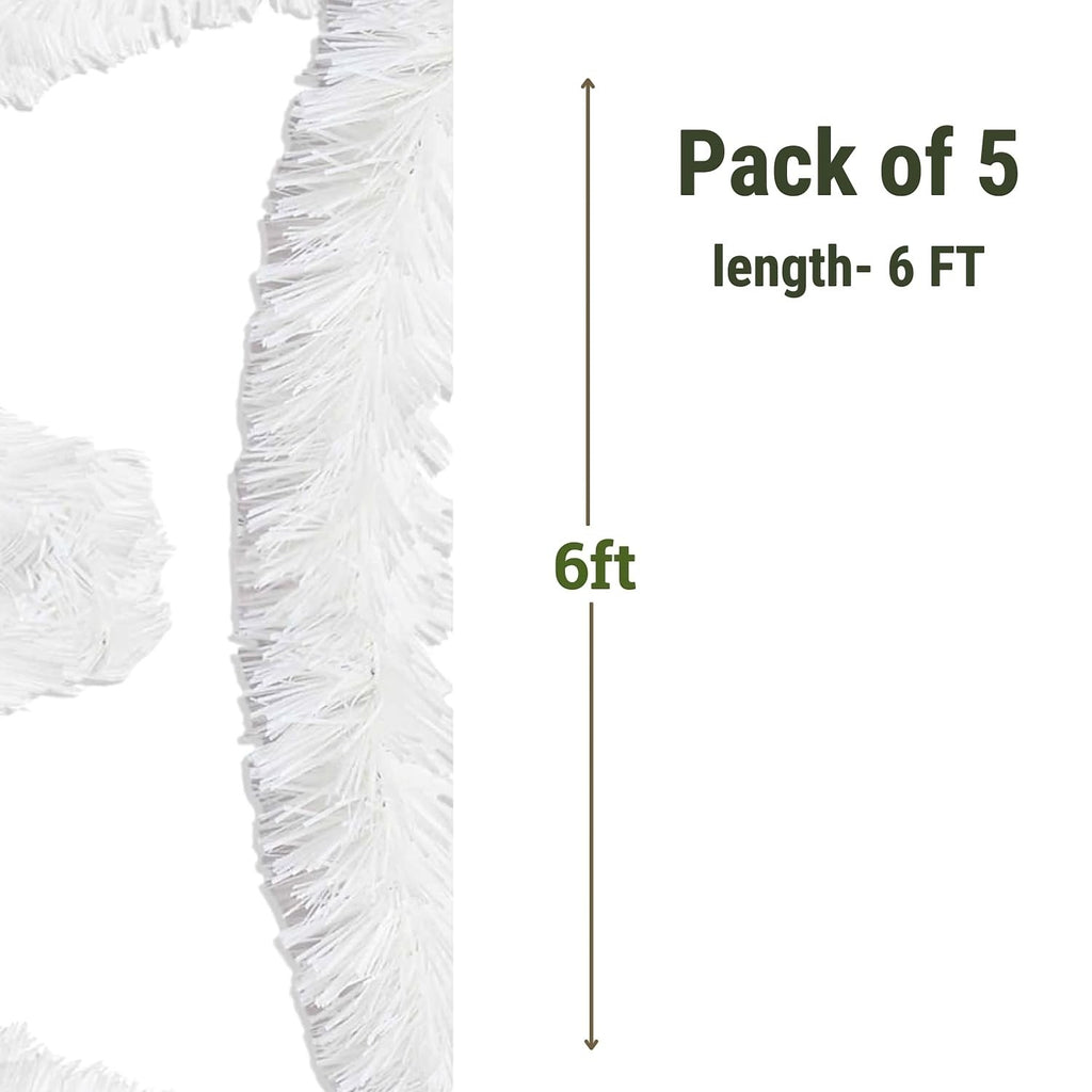 GoHooked 5 Pcs Snow White Artificial Tinsel Garland, 6ft length, perfect for Christmas tree decoration and party decor.