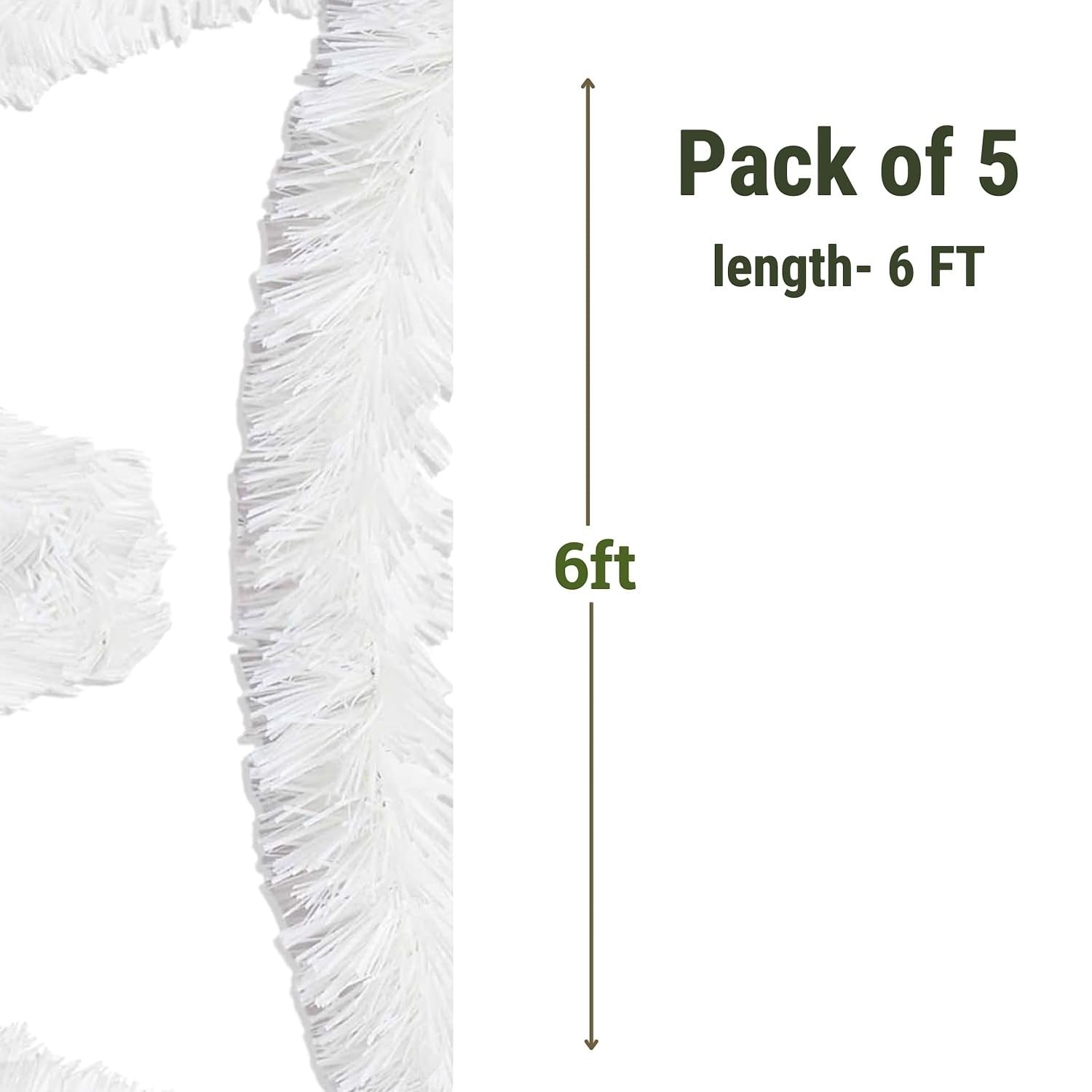 GoHooked 5 Pcs Snow White Artificial Tinsel Garland, 6ft length, perfect for Christmas tree decoration and party decor.