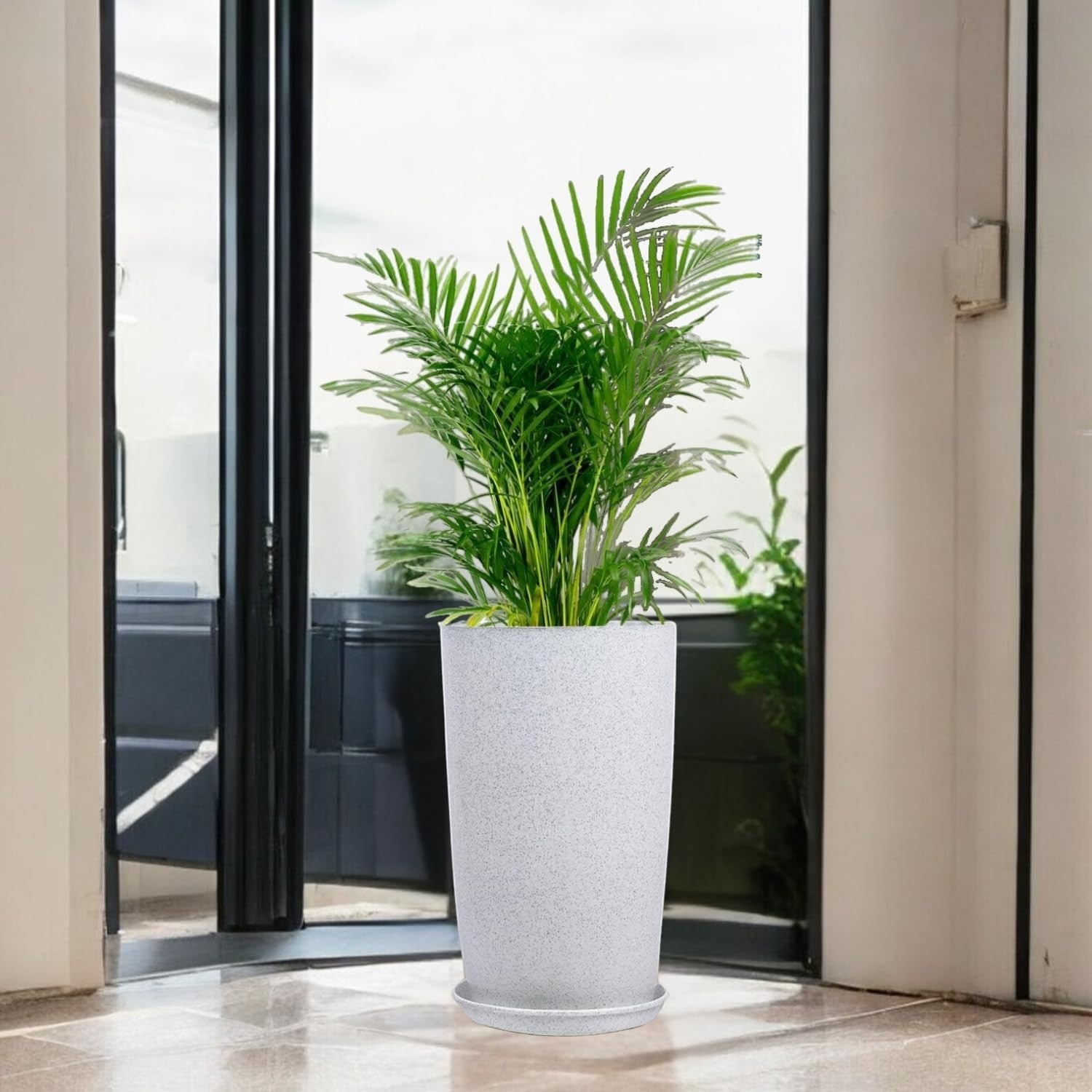 Go Hooked 18-inch white speckled tower planter with saucer, lightweight and durable for indoor/outdoor use.