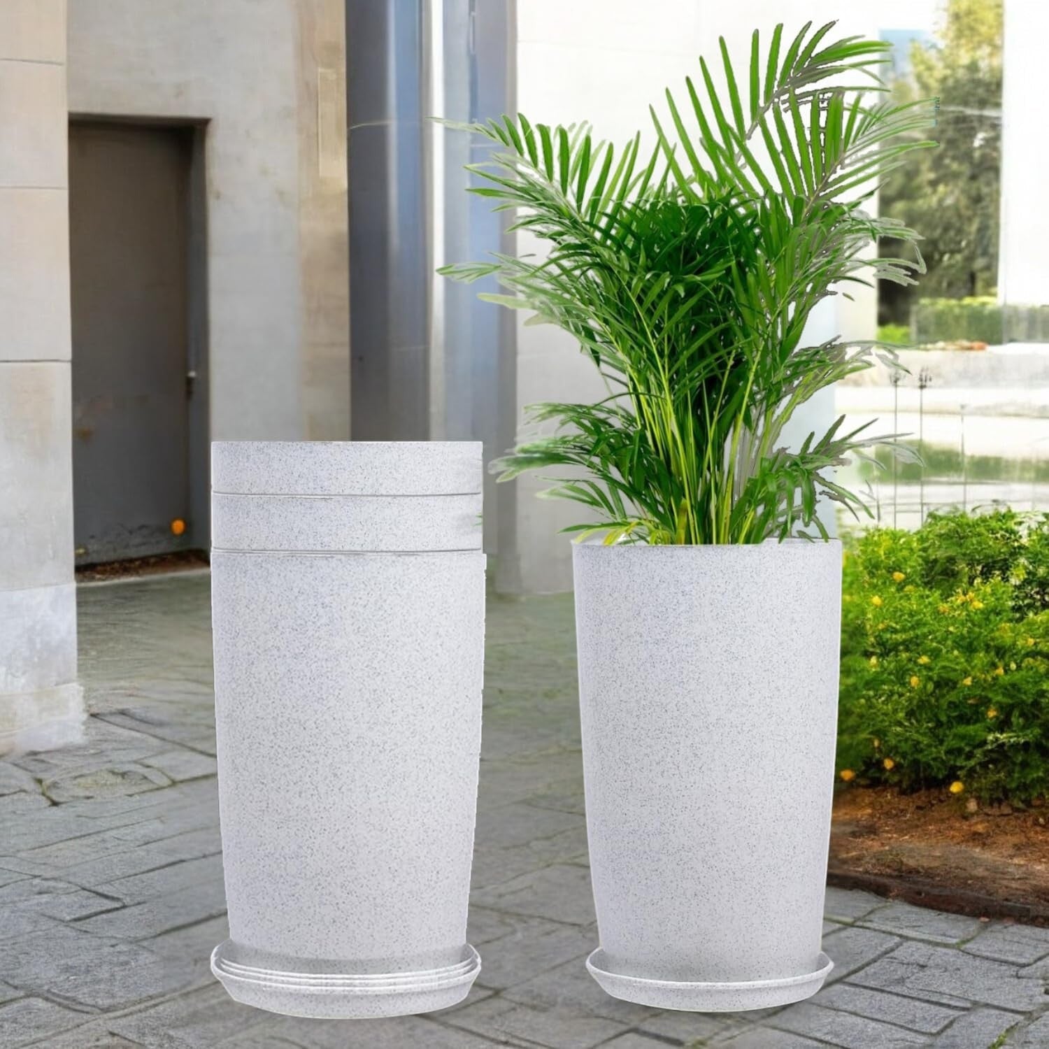 Go Hooked white speckled 18-inch tower planters with saucers. Lightweight, durable, and weather-resistant for indoor/outdoor use.