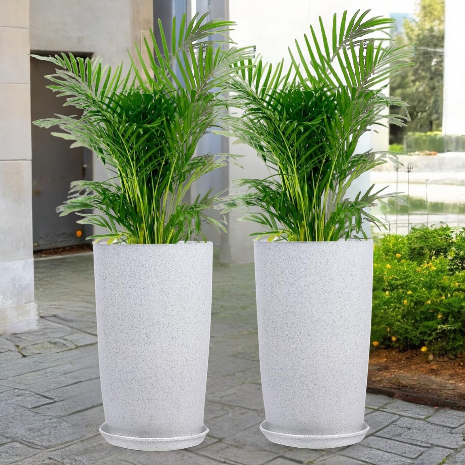Go Hooked white speckled 18-inch tower planters with saucers, lightweight and durable for indoor/outdoor use.