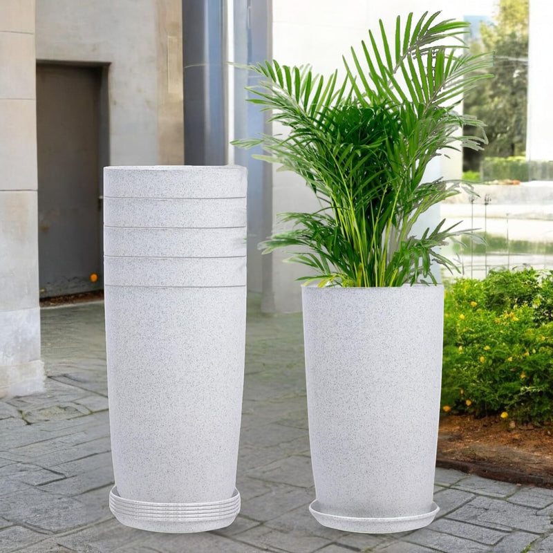 Go Hooked white speckled 18-inch tower planters with saucers, sold in a pack of 6. One planter holds a lush green plant.