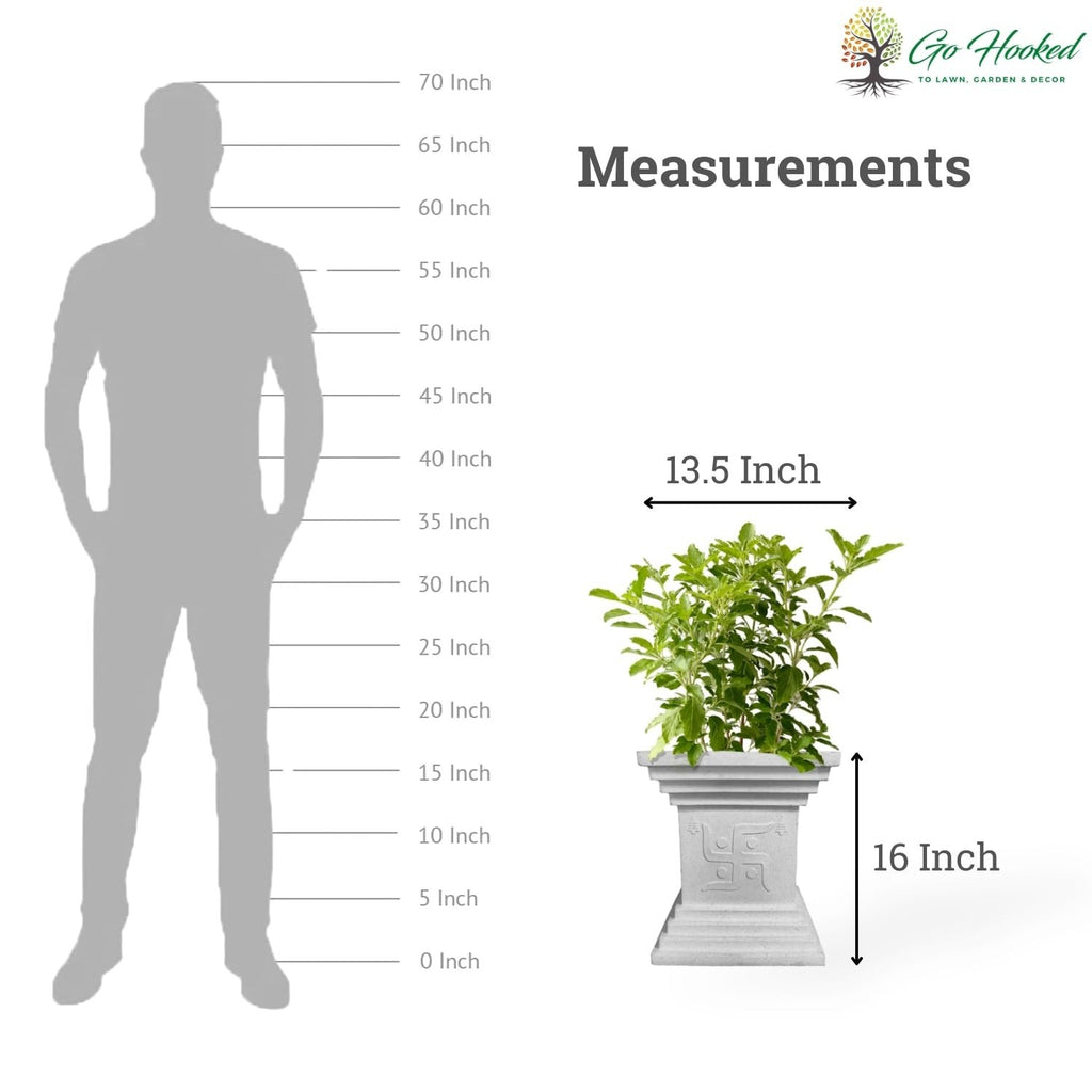 GoHooked 16-inch white traditional decorative Tulsi pot with Swastik symbol, perfect for home, pooja, balcony, and garden decor.