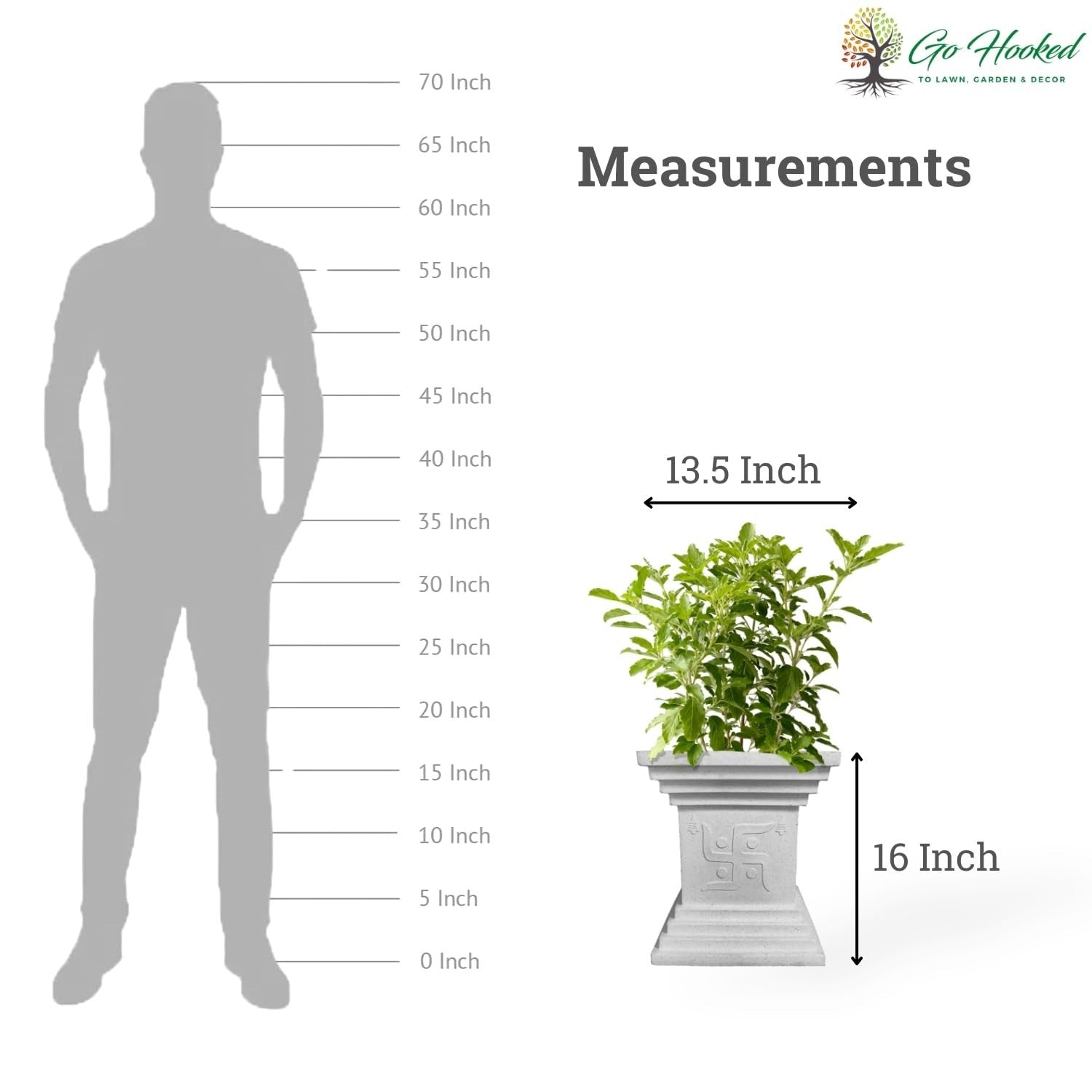 GoHooked 16-inch white traditional decorative Tulsi pot with Swastik symbol, perfect for home, pooja, balcony, and garden decor.