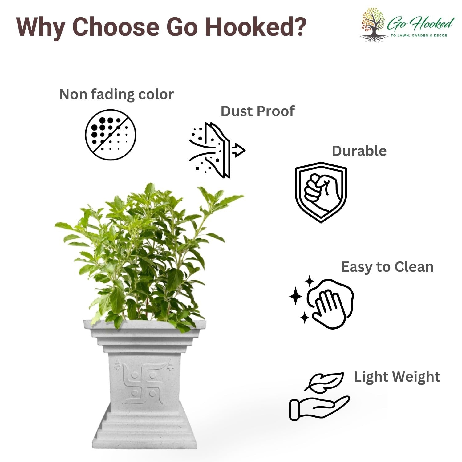 Go Hooked 16 inch white decorative Tulsi pot with Swastik symbol, durable and weather-resistant for home, pooja, balcony, garden.