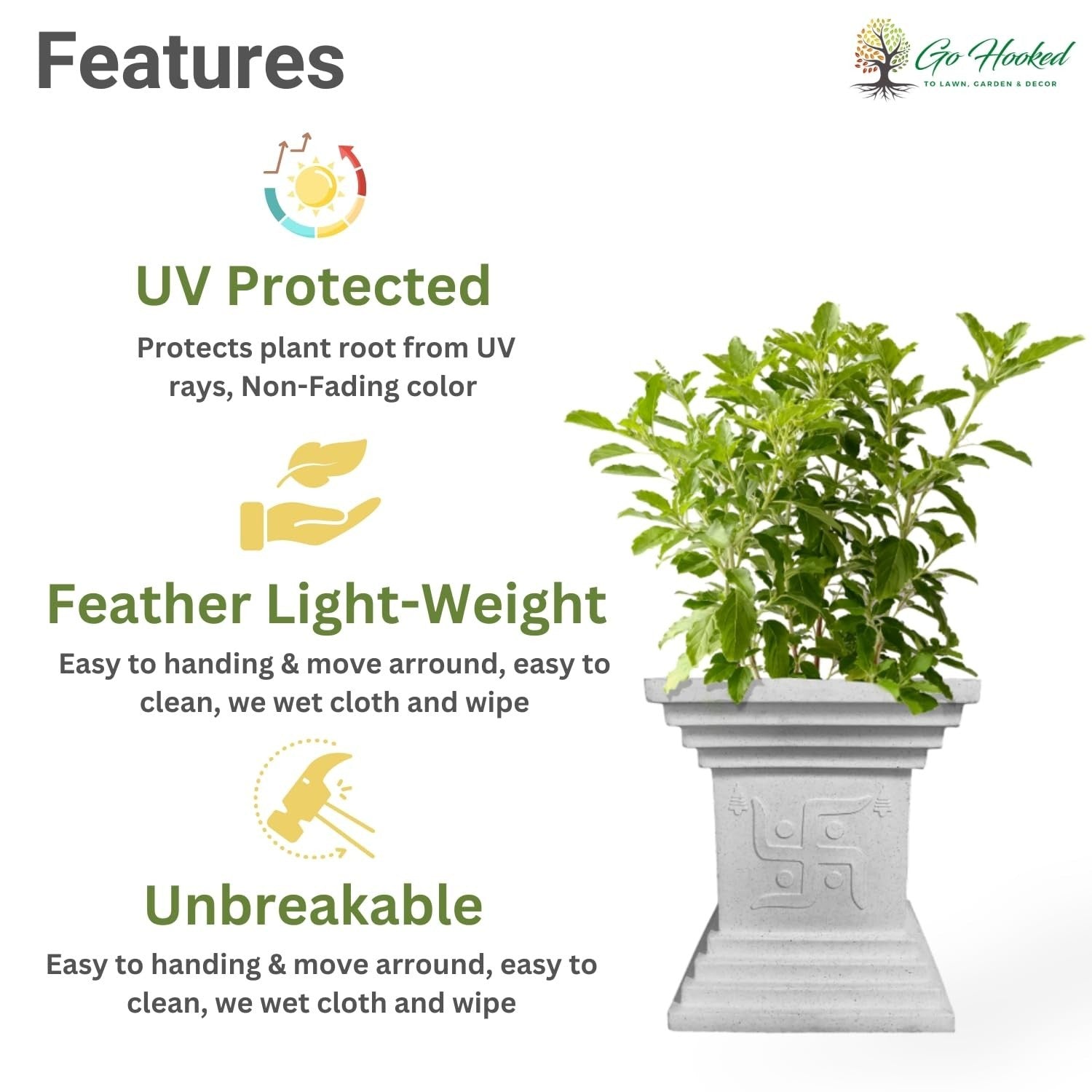 Go Hooked 16 inch white decorative Tulsi pot with Swastik symbol, UV protected and weather-resistant.