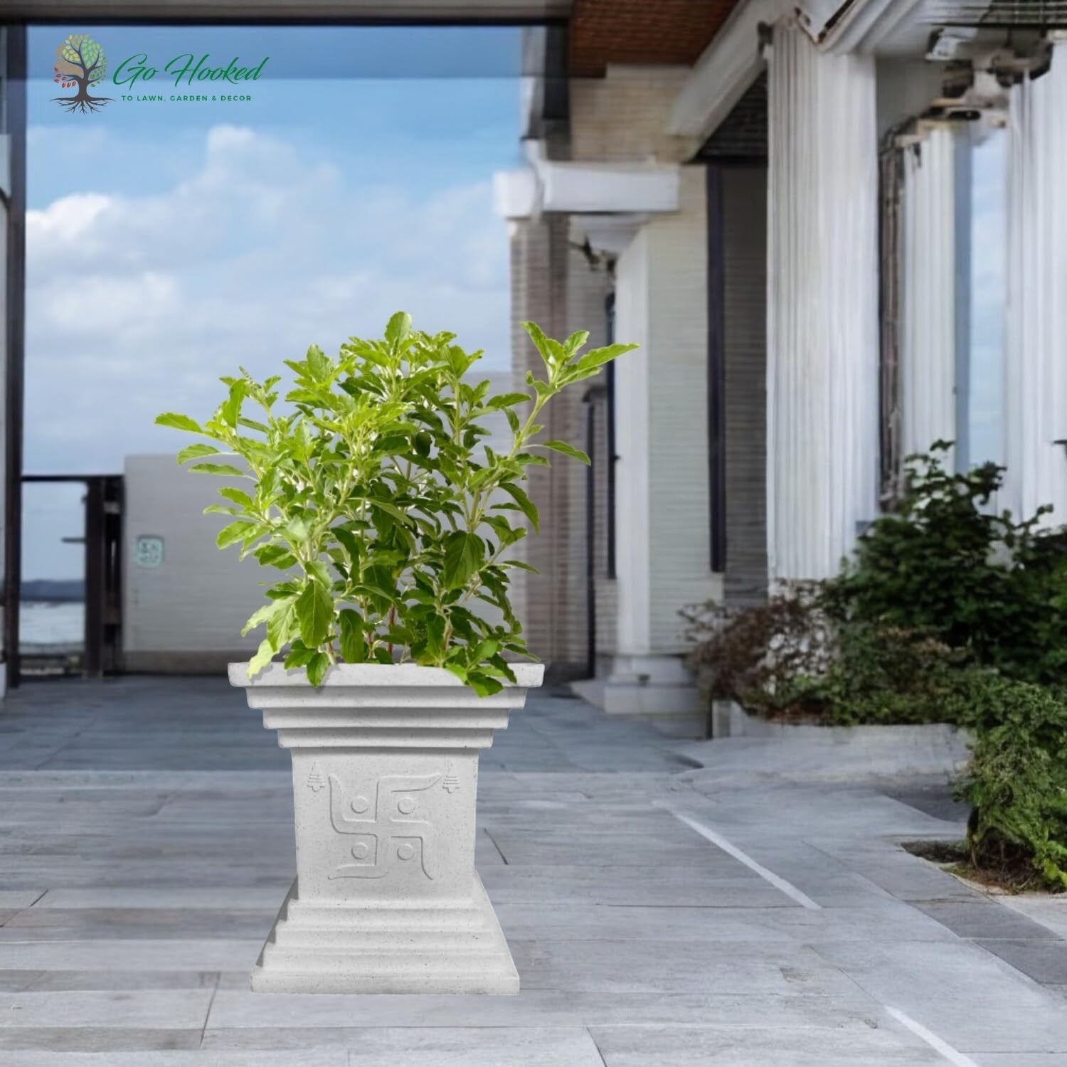 Go Hooked 16 inch white decorative Tulsi pot with Swastik symbol, perfect for home, pooja, balcony, and garden decor.