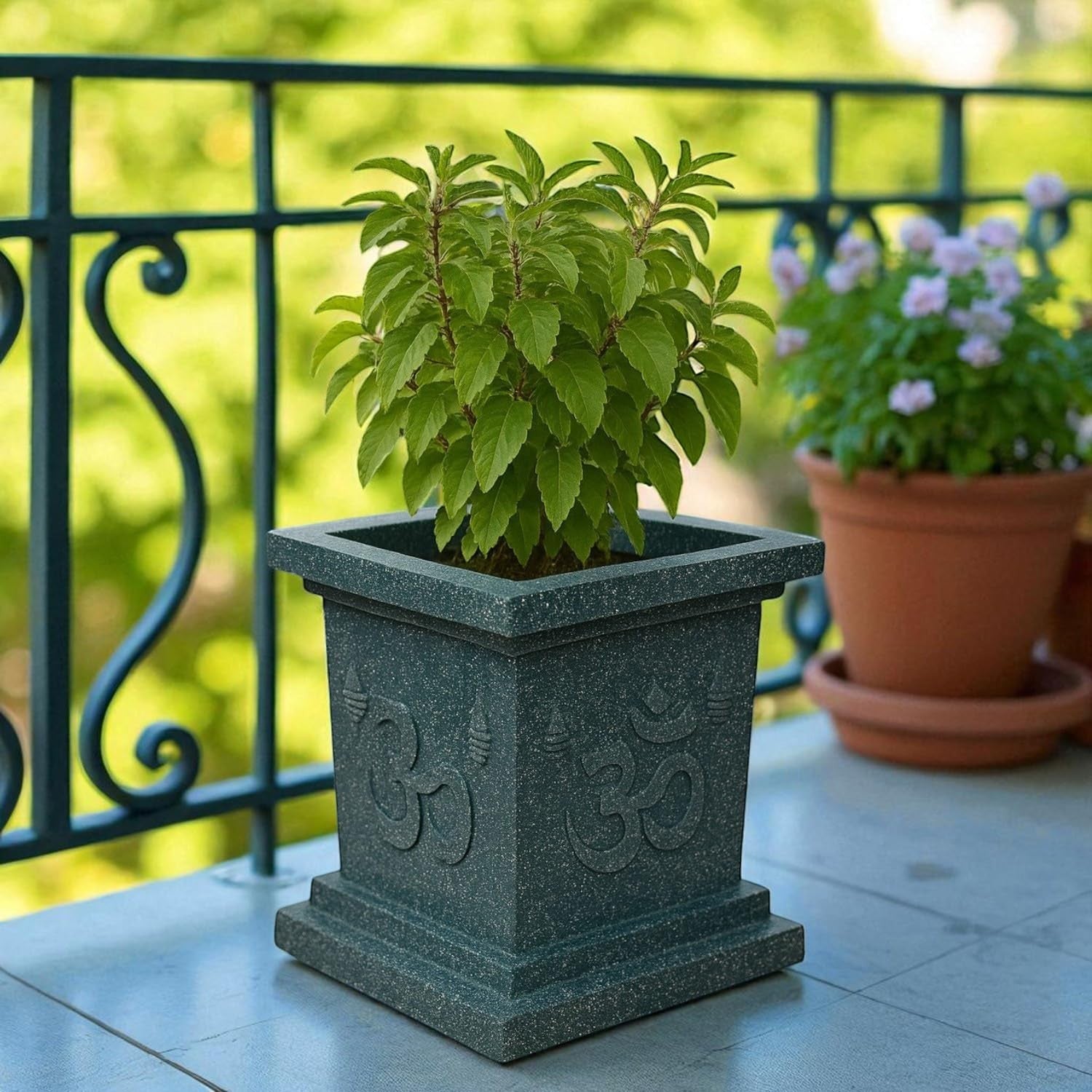 GoHooked white polymer marble-style square Tulsi pot with embossed Om design, 16x36 inches, for indoor/outdoor use.