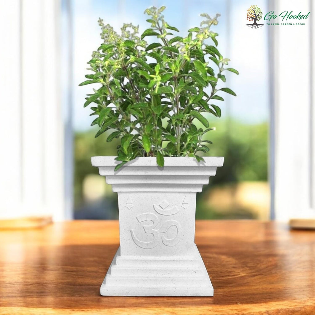 Go Hooked 16 inch white traditional decorative planter with Om symbol, perfect for home, pooja, balcony, and garden.