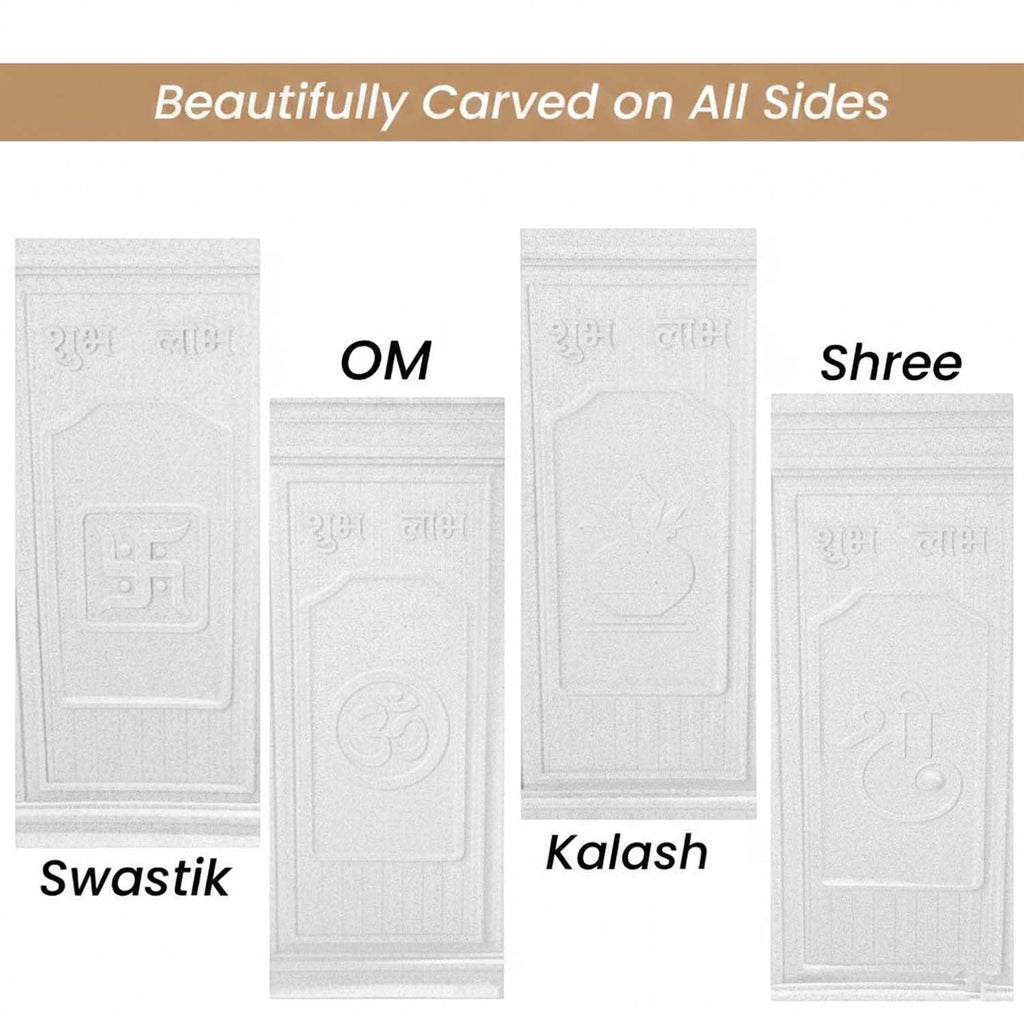 GoHooked white polymer marble-style Tulsi pot with embossed Shubh Labh, Om, Swastik, and Kalash designs. Large 16x36 inch planter.