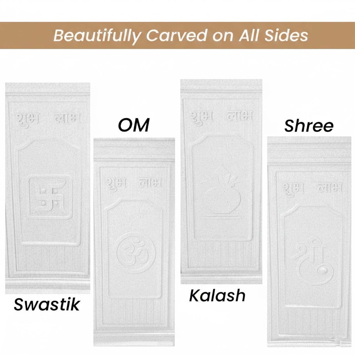 GoHooked white polymer marble-style Tulsi pot with embossed Shubh Labh, Om, Swastik, and Kalash designs. Large 16x36 inch planter.