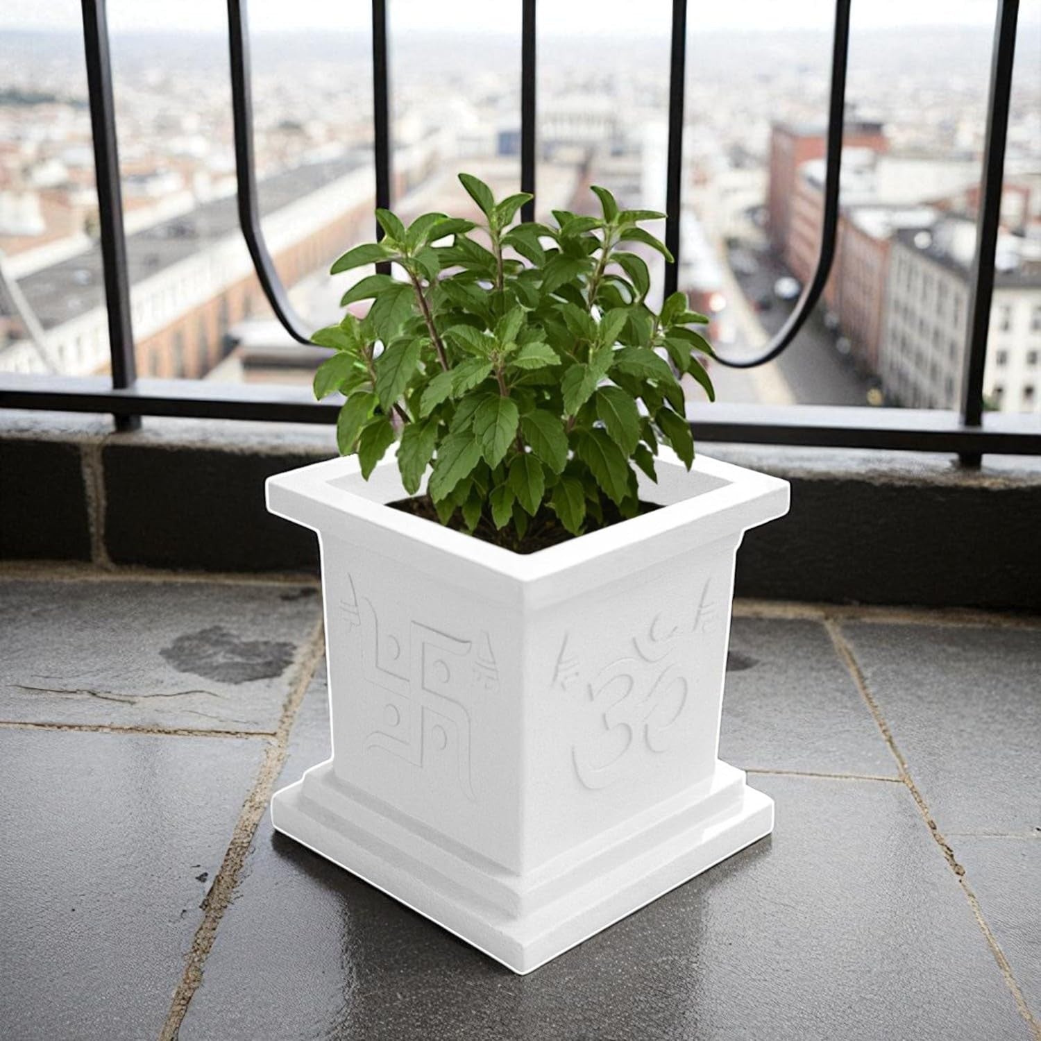 GoHooked white polymer Tulsi pot with embossed Om and Swastik symbols, 16x36 inch, for indoor/outdoor use.