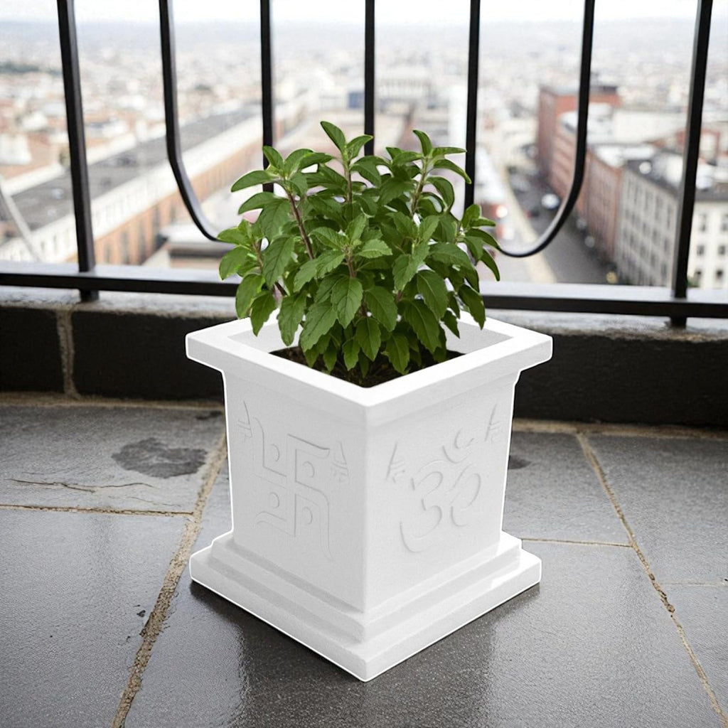 GoHooked white square plastic Tulsi pot with Om & Swastik design, 12 inch, for home temple and balcony decor.