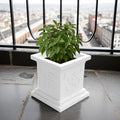 GoHooked white square plastic Tulsi pot with Om & Swastik design, 12 inch, for home temple and balcony decor.