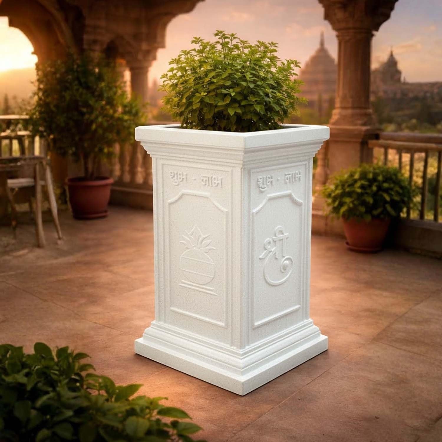 GoHooked white polymer marble-style Tulsi pot with embossed Shubh Labh, Om, Swastik designs. Large 16x36 inch planter.