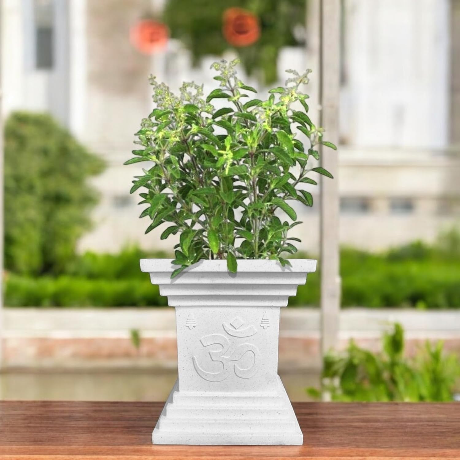 Go Hooked white traditional Om symbol Tulsi pot planter, 16 inch, durable and weather-resistant for home, pooja, balcony, and garden decor.