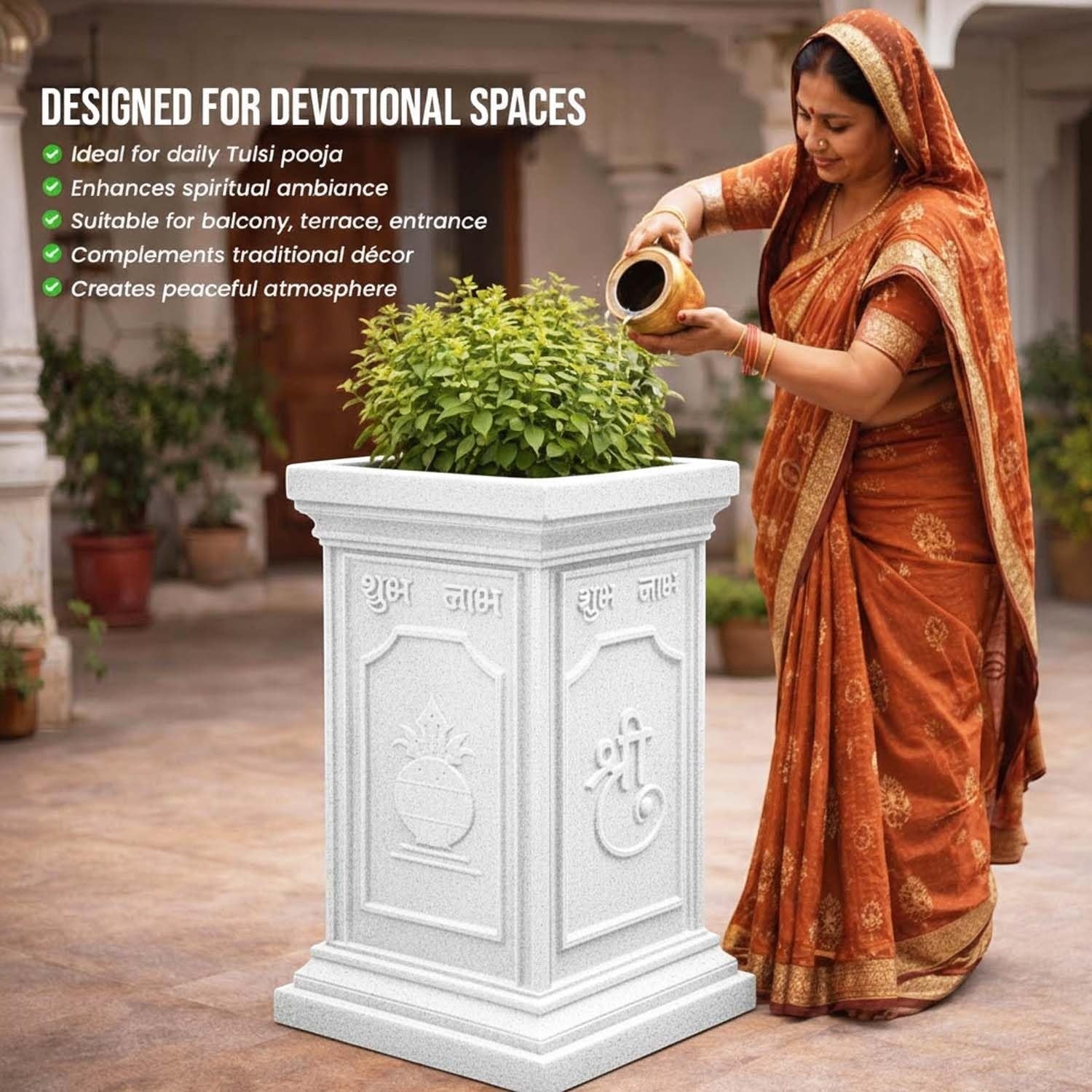 GoHooked white polymer marble-style Tulsi pot with embossed Shubh Labh, Om, and Swastik designs. Ideal for indoor/outdoor use.
