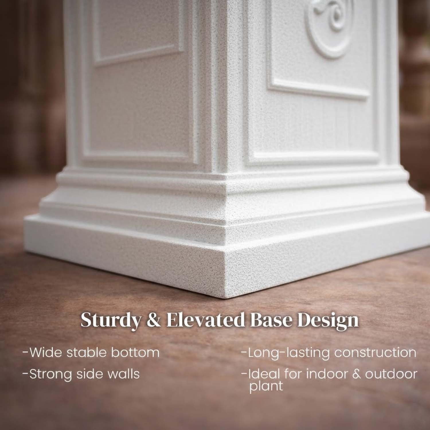 GoHooked white polymer marble-style Tulsi pot with embossed traditional Indian motifs. Large planter for indoor/outdoor use.