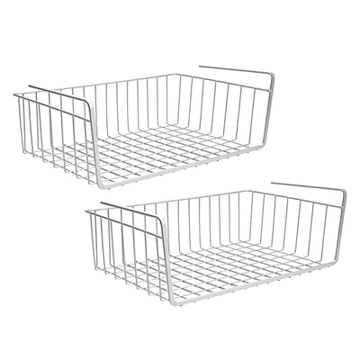 Go Hooked 12 Inch Undershelf Storage Basket Pack of 2 | Multipurpose Under Shelf Organizer | Hanging Wire Basket for Cabinet, Shelf, Pantry, Cupboard, Closet, Desk, and Bathroom (White)