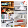 GoHooked white metal undershelf storage basket pack of 2, ideal for cabinets and pantries. Features a durable, open grid design.