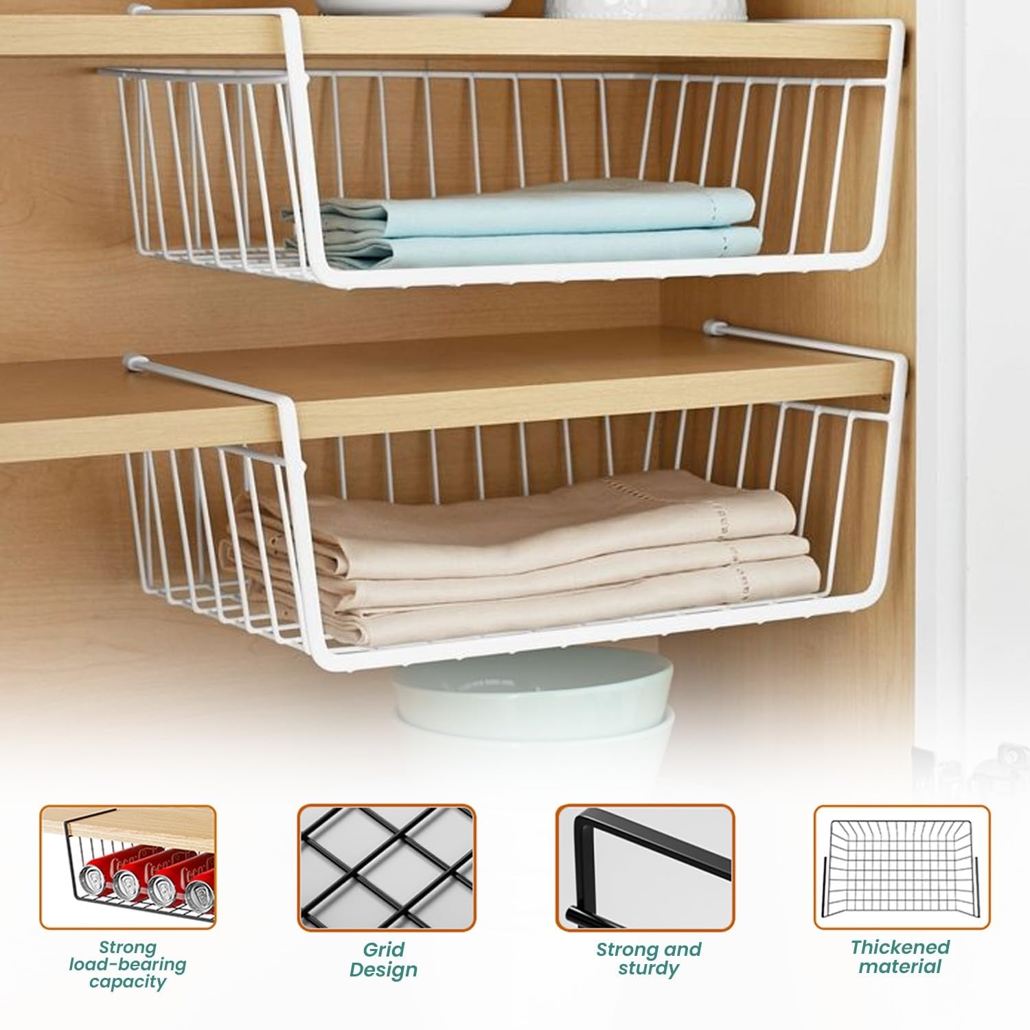 GoHooked white metal wire undershelf storage basket with open grid design, holding folded linens.