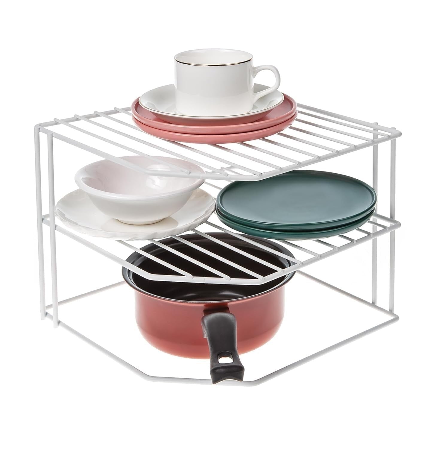 GoHooked white wire corner shelf organizer with 3 tiers holding plates, bowls, a cup, and a pot.