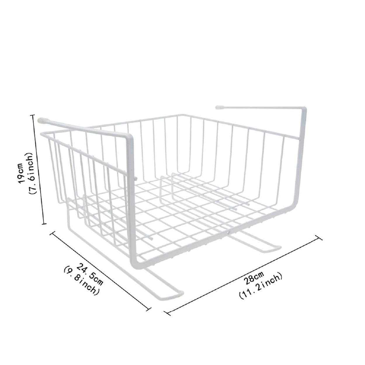 GoHooked white wire mesh under-cabinet storage basket with dimensions 28cm x 24.5cm x 19cm.