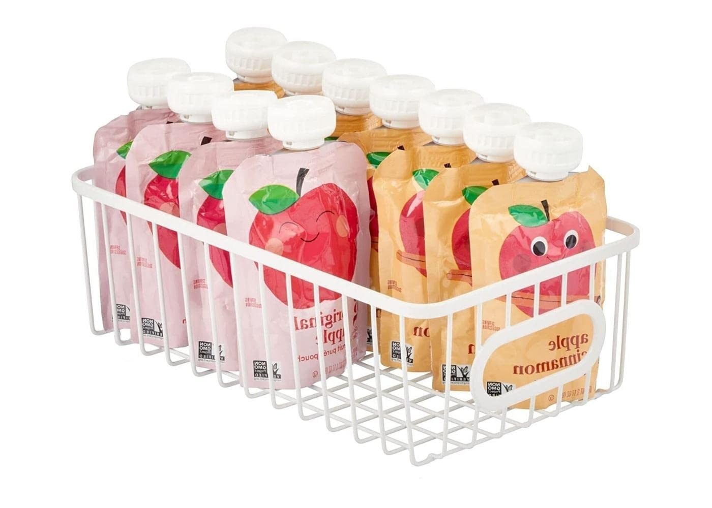 GoHooked white wire grid bathroom storage basket bin holding pouches of apple sauce.