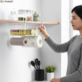 GoHooked white wire under cabinet storage basket holding kitchen supplies and paper towels.
