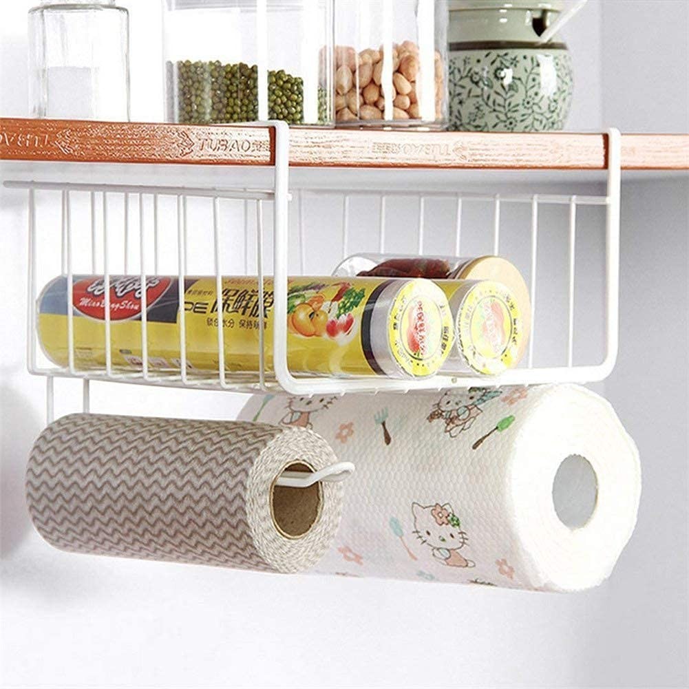 GoHooked white wire under cabinet storage basket holding kitchen rolls and a roll of cling film.