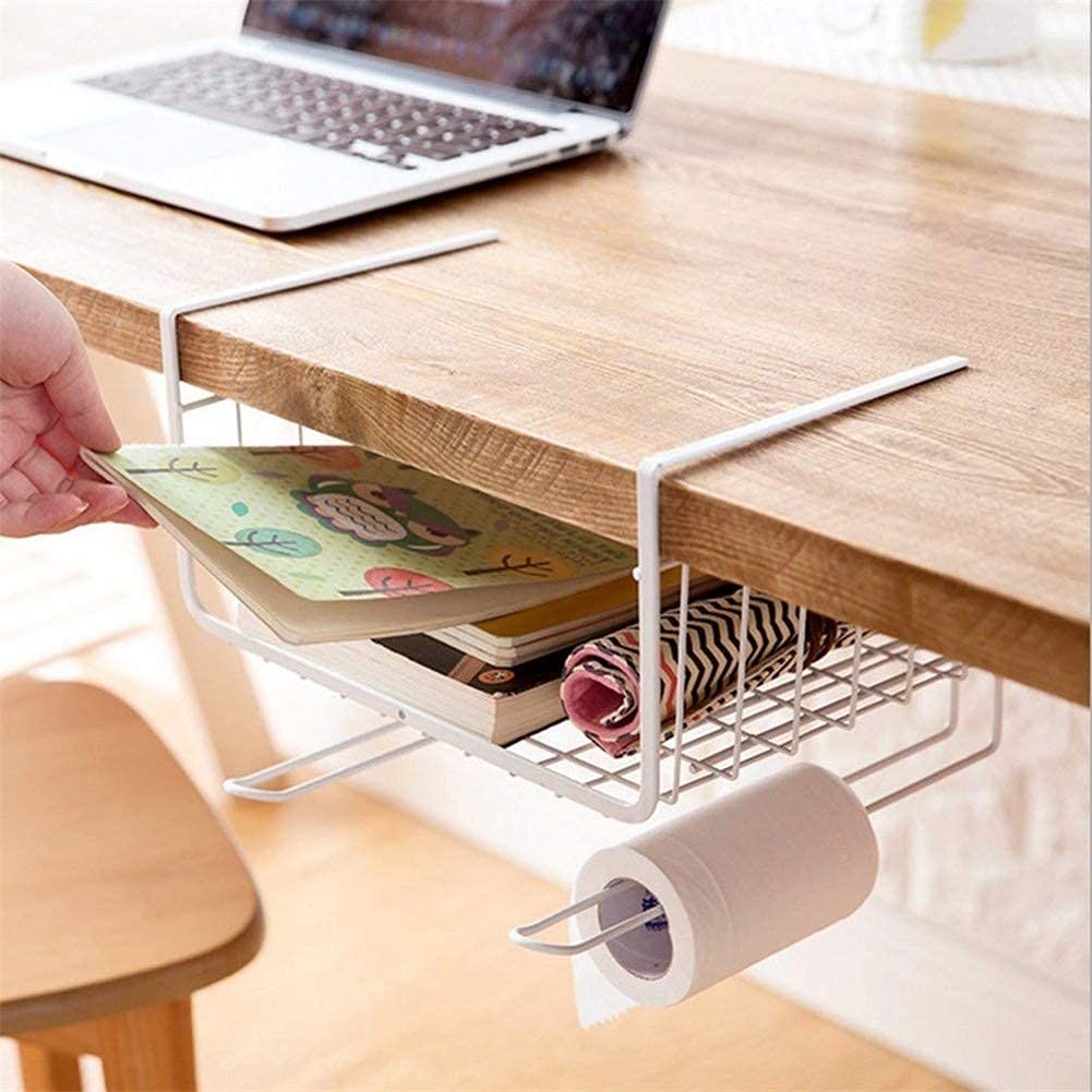 GoHooked white wire under-shelf storage basket organizer with books and paper towels attached.